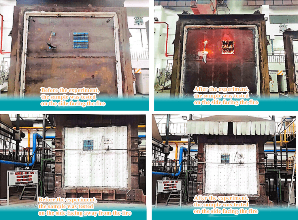 Comparison photos of the sealed module sample before and after the fire test